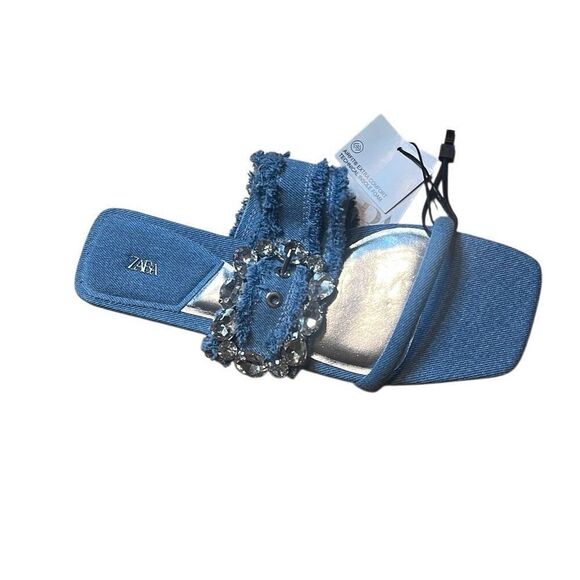 NWT Zara Blue Denim Flat Buckled Sandals 37 6.5 - Picture 2 of 11